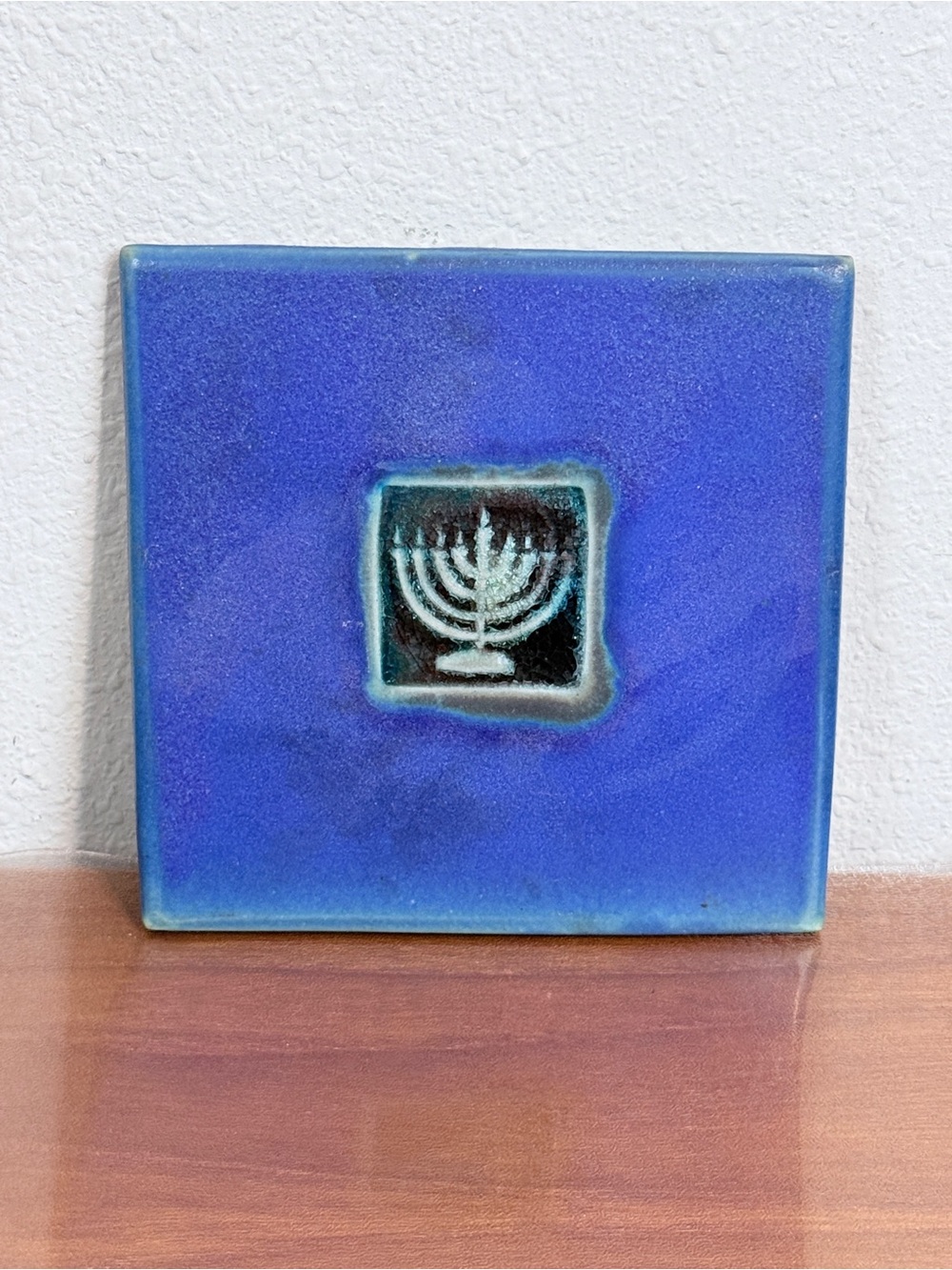 Michael Cohen Handmade Cobalt Blue Ceramic Tile with Menorah Hanukkah